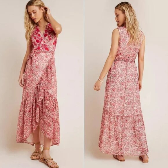 ANTHROPOLOGIE RANNA GILL ALEXANDRA FLORAL EMBROIDERED BEADED RUFFLE WRAP DRESS - Picture 1 of 10